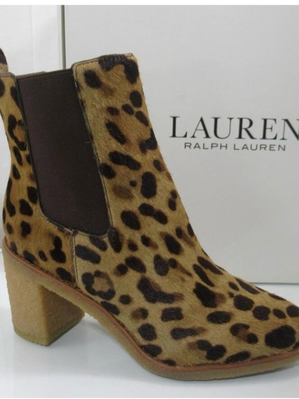 Lauren Ralph Lauren Leopard-Print Chelsea Booties in Tan and Black RETAIL $225